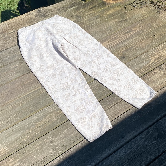 Talbots linen cotton blend jeans oatmeal color floral design size 12 high waist - Picture 10 of 13